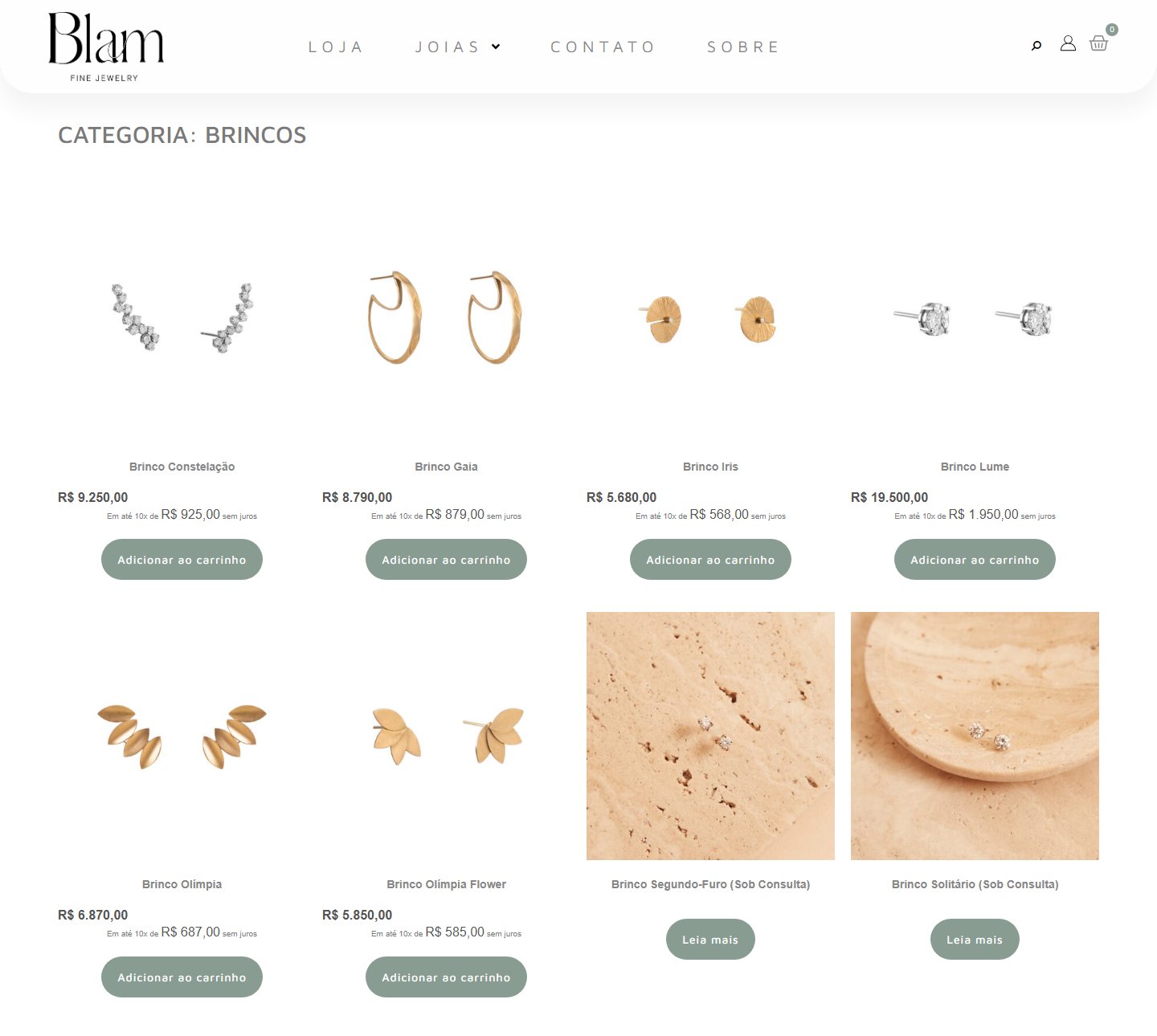 Earrings category page: eight earrings on white with prices, installments and sage green buttons