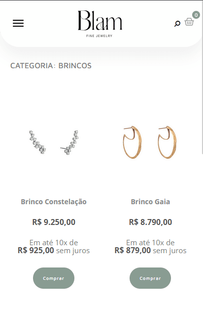Earrings category on mobile: two products per row with prices and installments