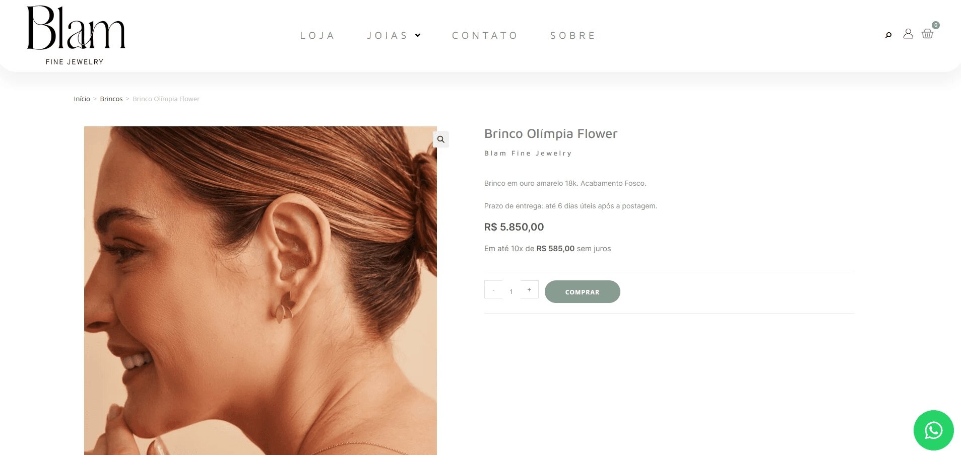 Brinco Olímpia Flower product page: large photo of the earring being worn, 18k gold description, R$ 5,850 or 10 installments of R$ 585