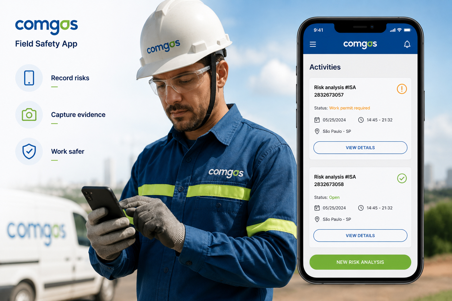 Overview of the Comgás field safety app interface