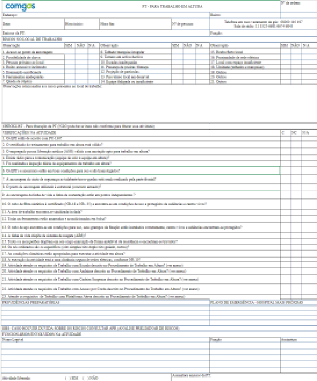 Printed work permit form for work at height, filled by hand in the field