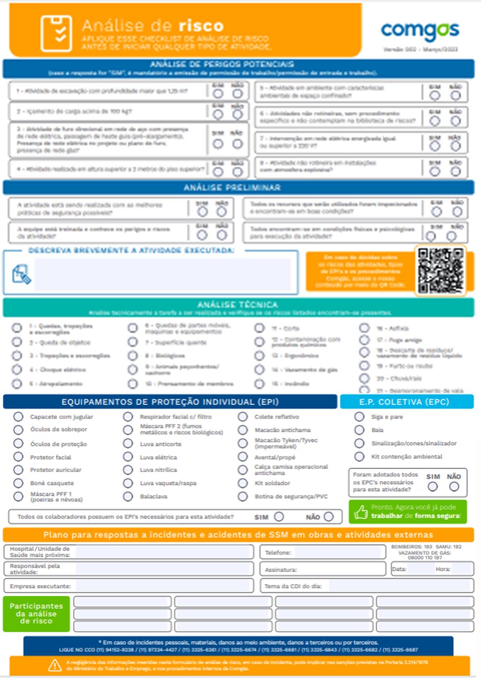 Printed Comgás risk-analysis checklist