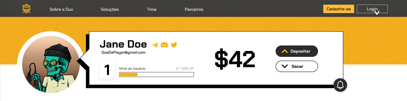 Profile header with avatar, user level 1 progress bar, a $42 balance, and Depositar and Sacar buttons