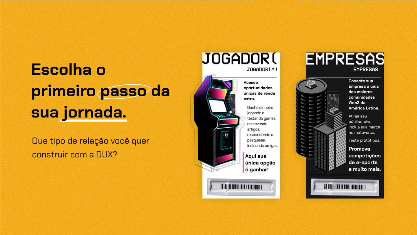 Choose the first step of your journey: two cards, Jogador for players and Empresas for companies