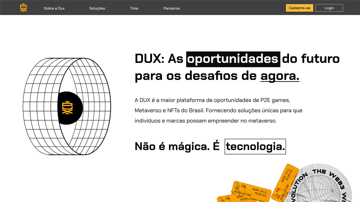 WeareDUX main landing page: DUX: As oportunidades do futuro para os desafios de agora, with a wireframe globe and the DUX logo