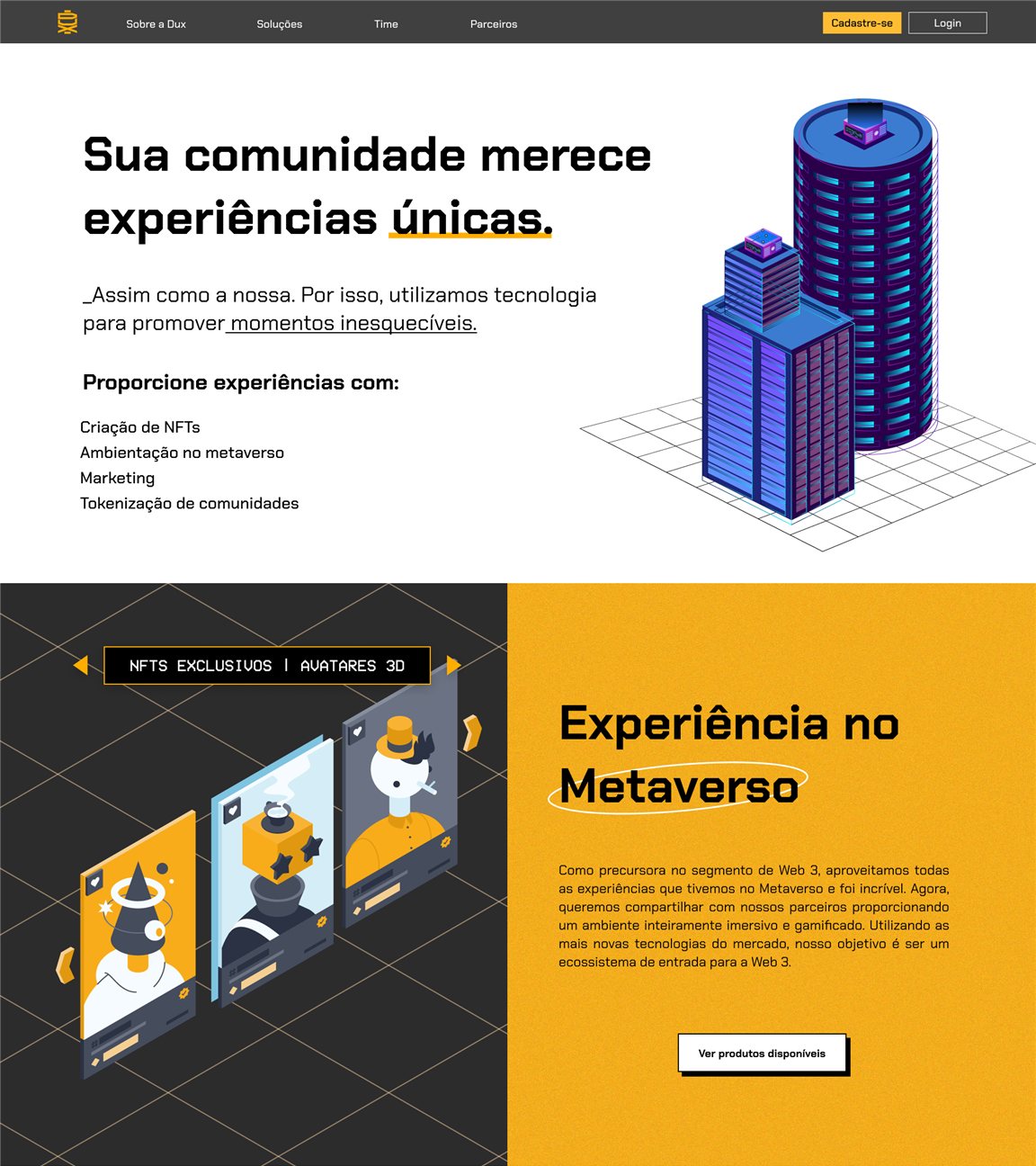 Brands landing page: Sua comunidade merece experiências únicas, with isometric buildings and a metaverse section