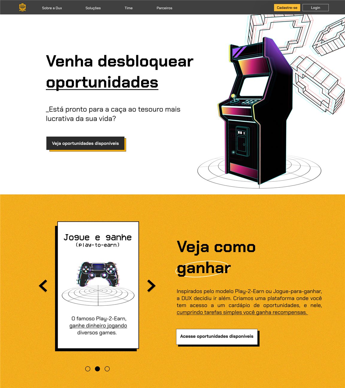 Players landing page: Venha desbloquear oportunidades, with an arcade machine and a play-to-earn carousel