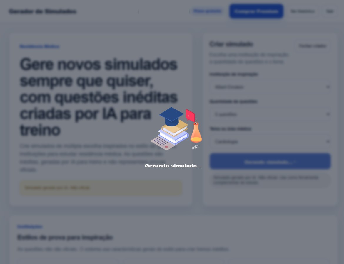 Loading screen with an illustration of books, a graduation cap and a flask, and the text Gerando simulado