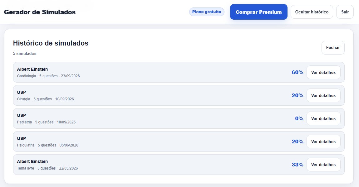 Exam history with five past exams, each with institution, topic, date, score and a details button