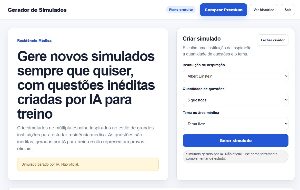 Gerador de Simulados home, logged in: headline about generating new practice exams with AI, and the create-exam form with institution, number of questions and topic