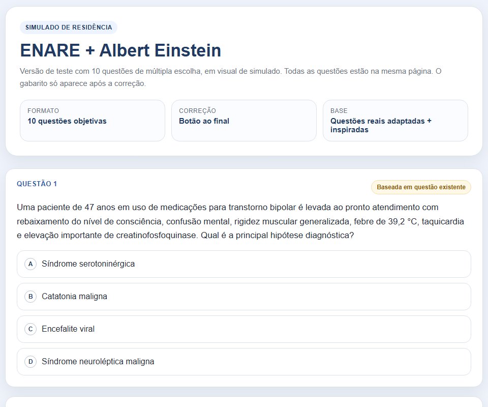 Early test exam, ENARE + Albert Einstein, with ten multiple-choice questions on one page