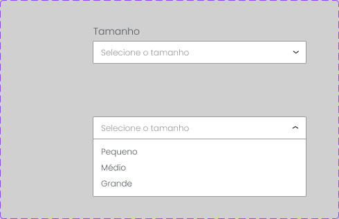Size dropdown component, closed and open