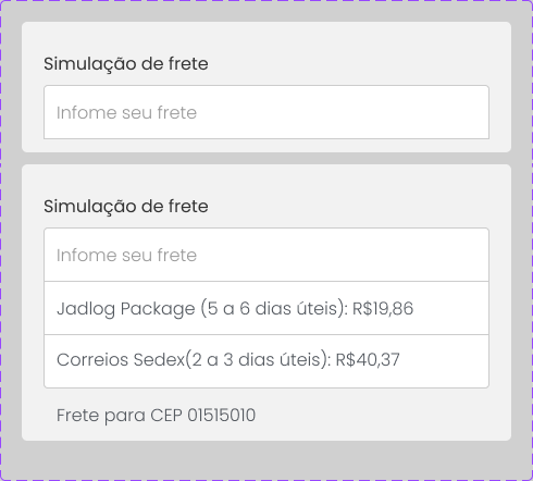 Shipping calculator component: empty postcode field, and the state with shipping options listed