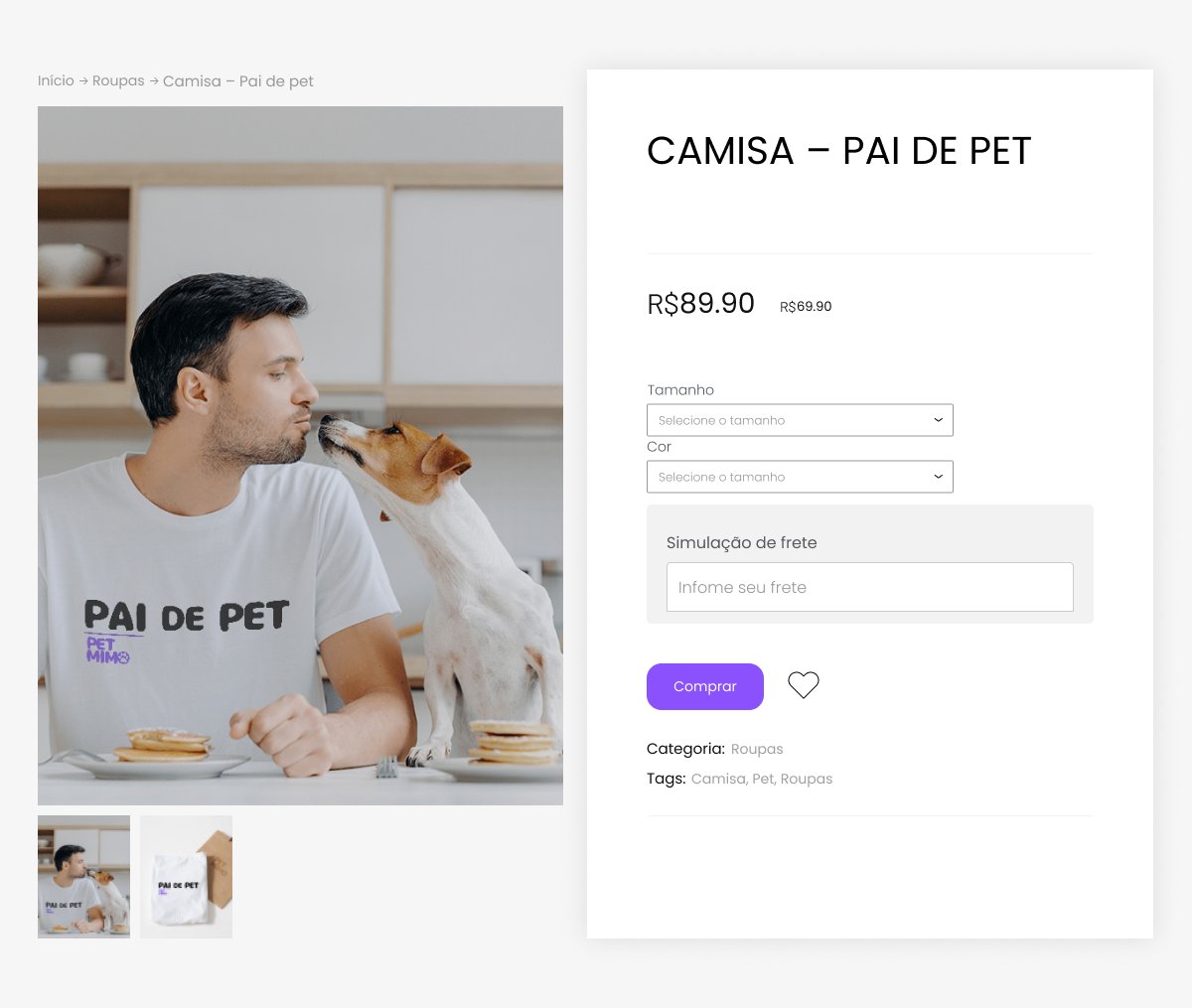 Product page for the Pai de pet t-shirt with size and color selectors, shipping calculator and buy button