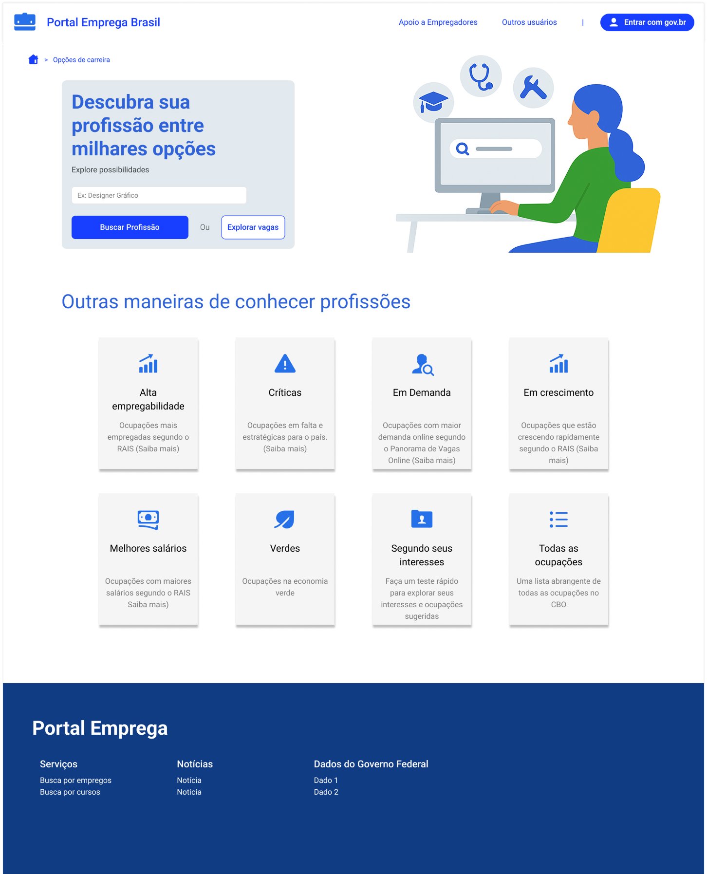 Career options screen with occupation search and categories to explore professions
