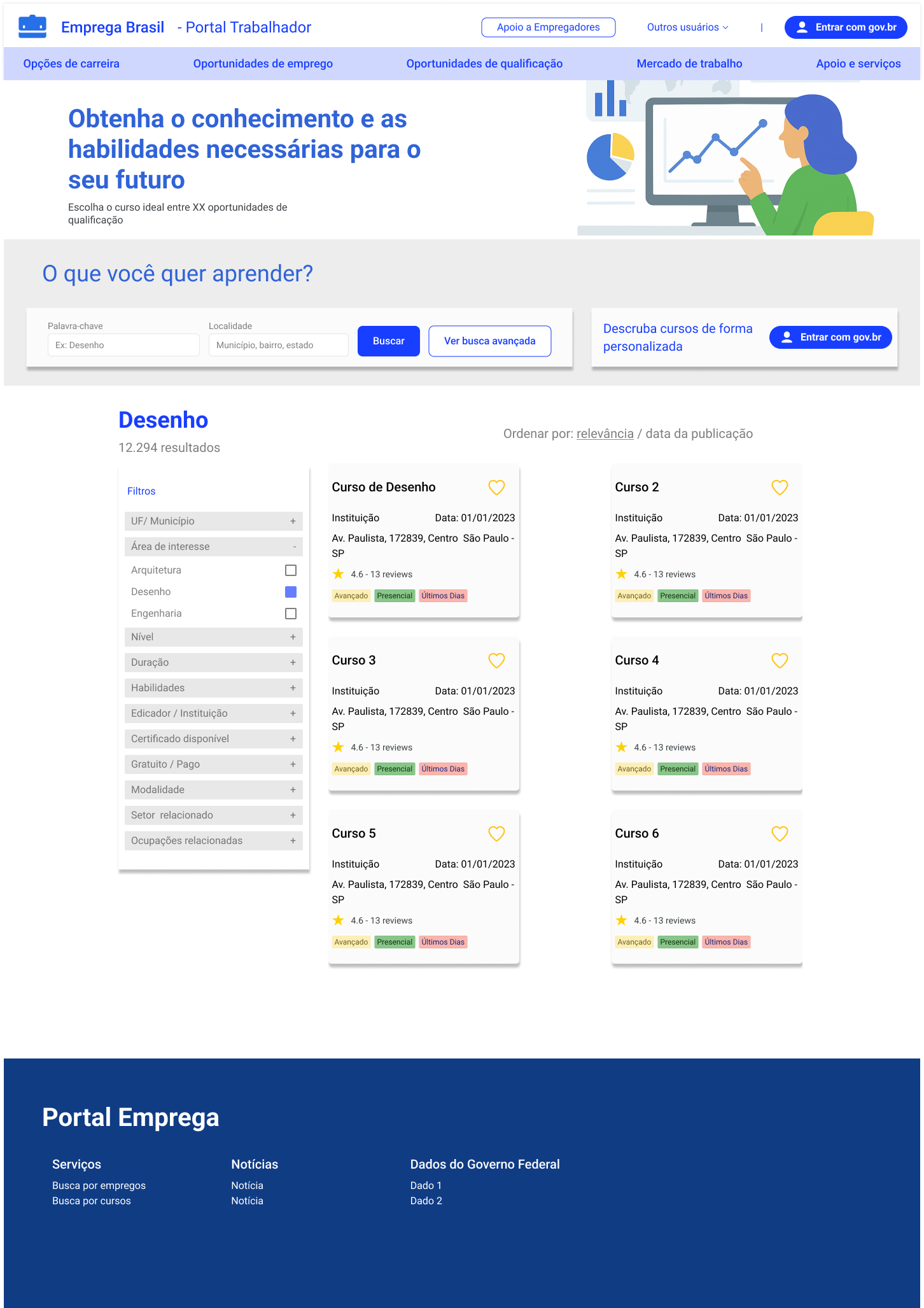 Job and course search screen